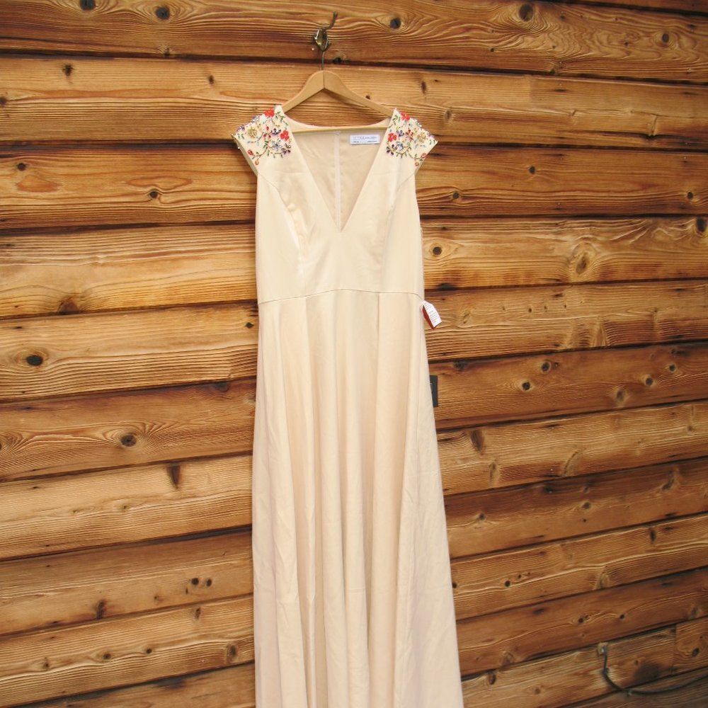 Mac Duggal 26540 Ieena Beaded Cap Sleeve V Neck A Line Gown Dress Cream Size 4 - Picture 7 of 16